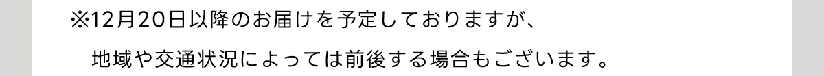 ※12月20日以降のお届けを予定しておりますが、地域や交通状況によっては前後する場合もございます。