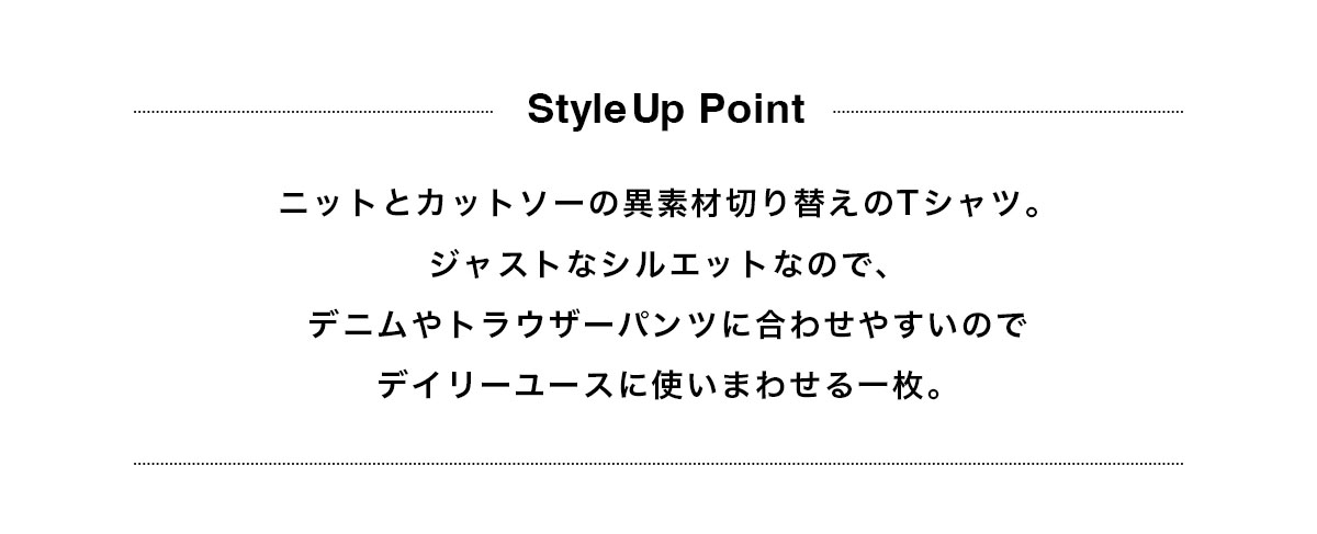 ニットとカットソーの異素材切り替えのTシャツ。ジャストなシルエットなので、デニムやトラウザーパンツに合わせやすいのでデイリーユースに使いまわせる一枚