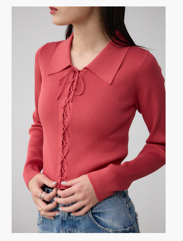 レースアップポロカラーニット