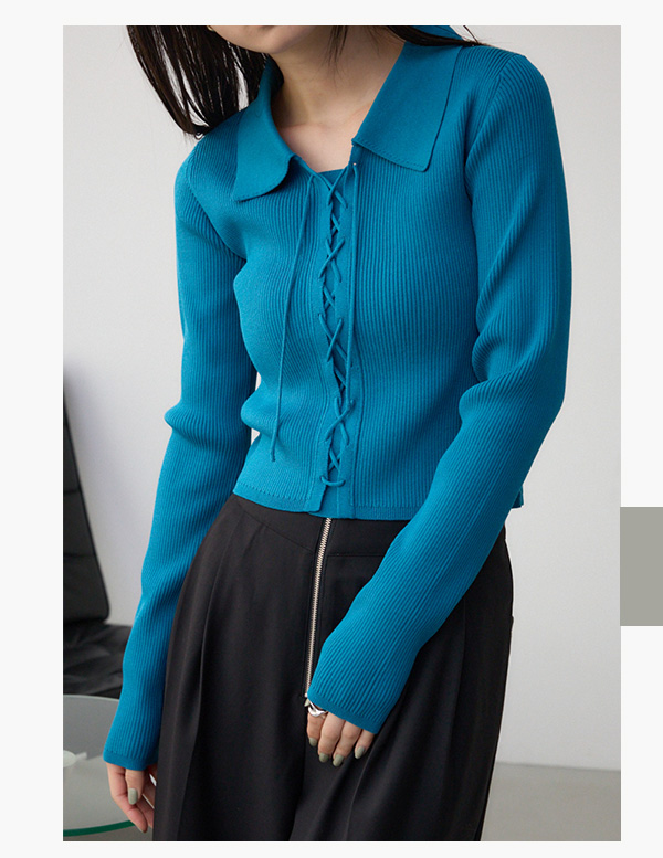 レースアップポロカラーニット