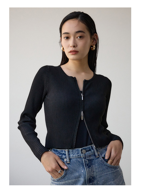 Wジップ配色リブカーディガン