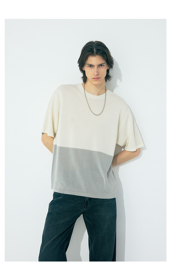 編地切替バイカラーニットトップス