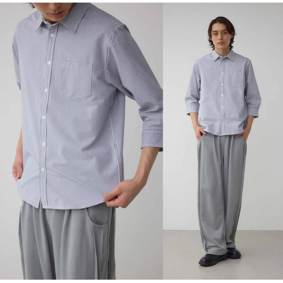 シアサッカー7分袖シャツ