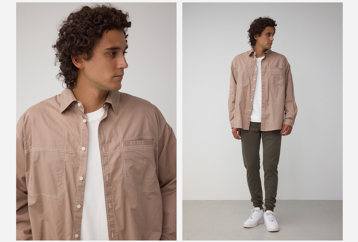 配色ステッチ長袖シャツ