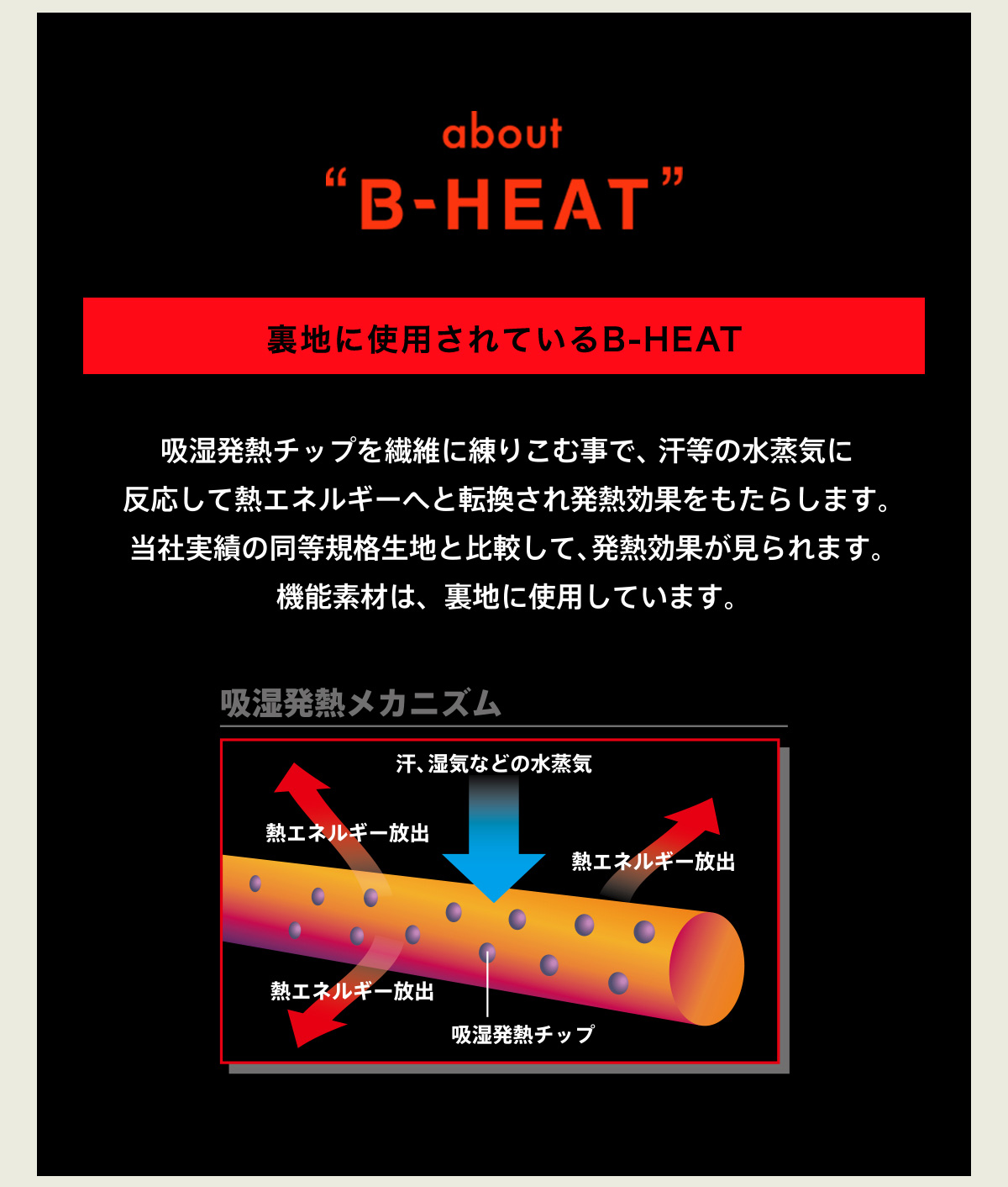 about“B-HEAT”裏地に使用されているB-HEAT吸湿発熱チップを繊維に練りこむ事で、汗等の水蒸気に反応して熱エネルギーへと転換され発熱効果をもたらします。当社実績の同等規格生地と比較して、発熱効果が見られます。機能素材は、裏地に使用しています。