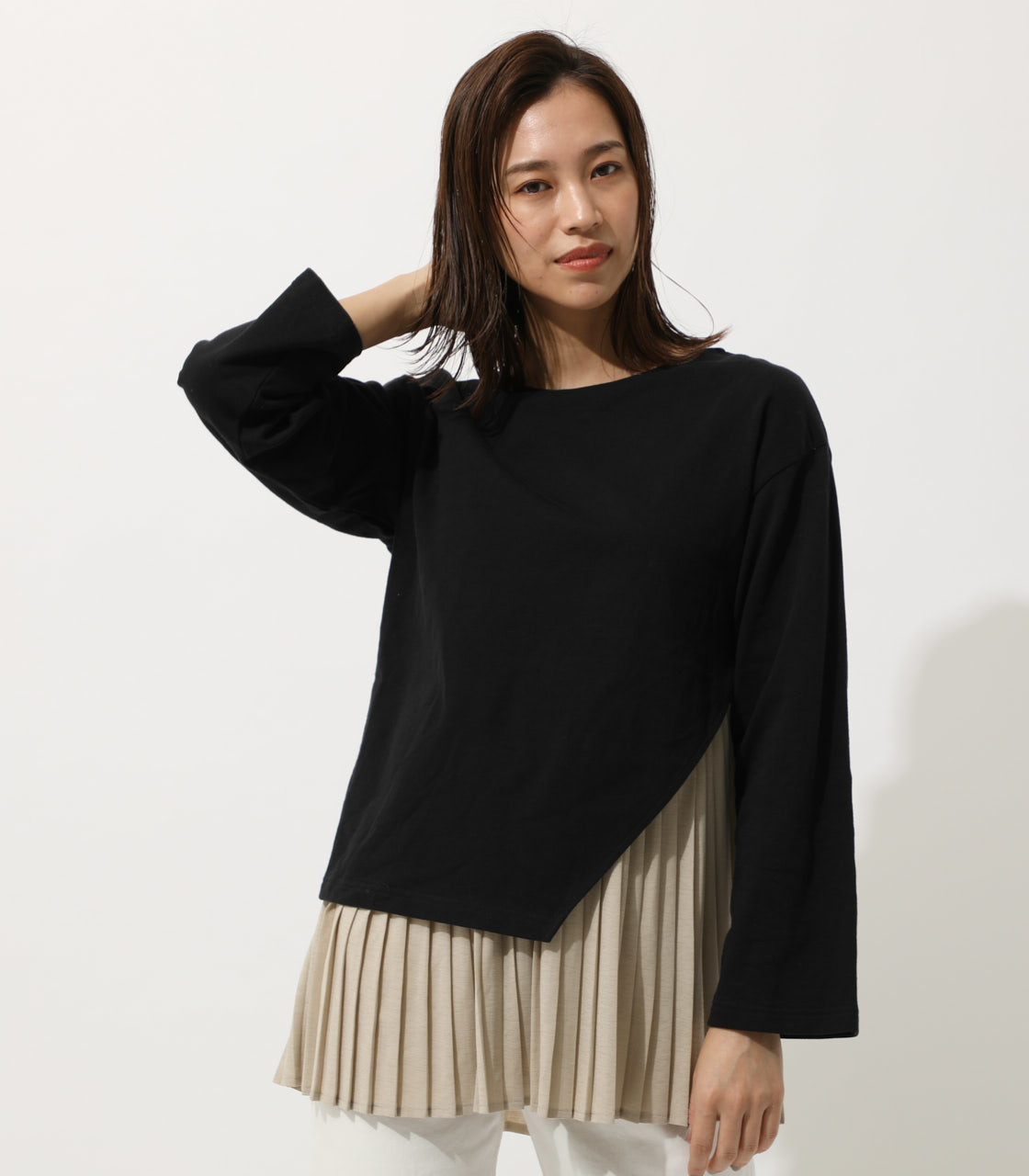 LAYER PLEATS COMBI TOP/レイヤードプリーツコンビトップ 詳細画像 柄BLK 1