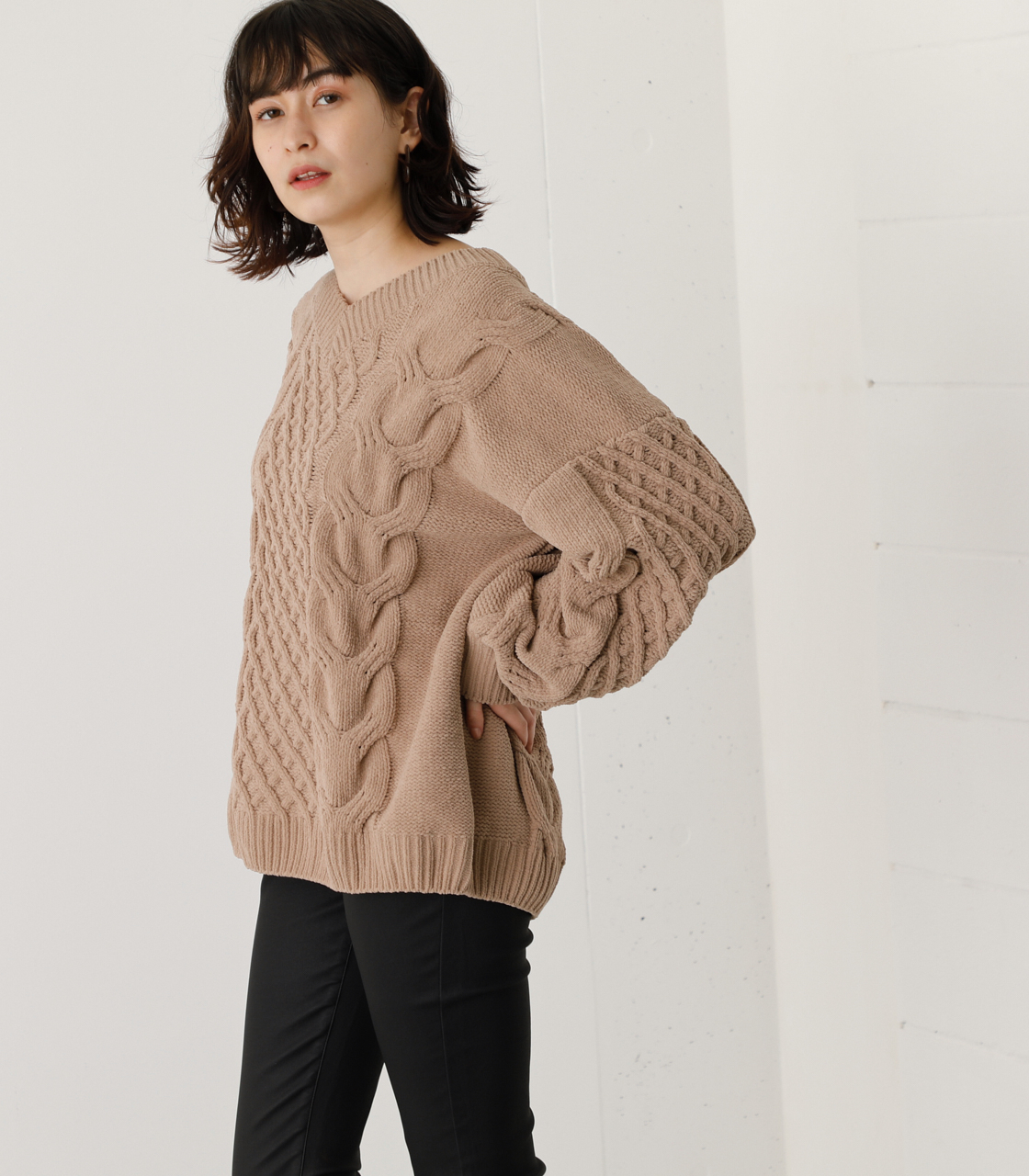 CHENILLE CABLE V/N KNIT TOPS/シェニールケーブルVネックニットトップス 詳細画像 BEG 1