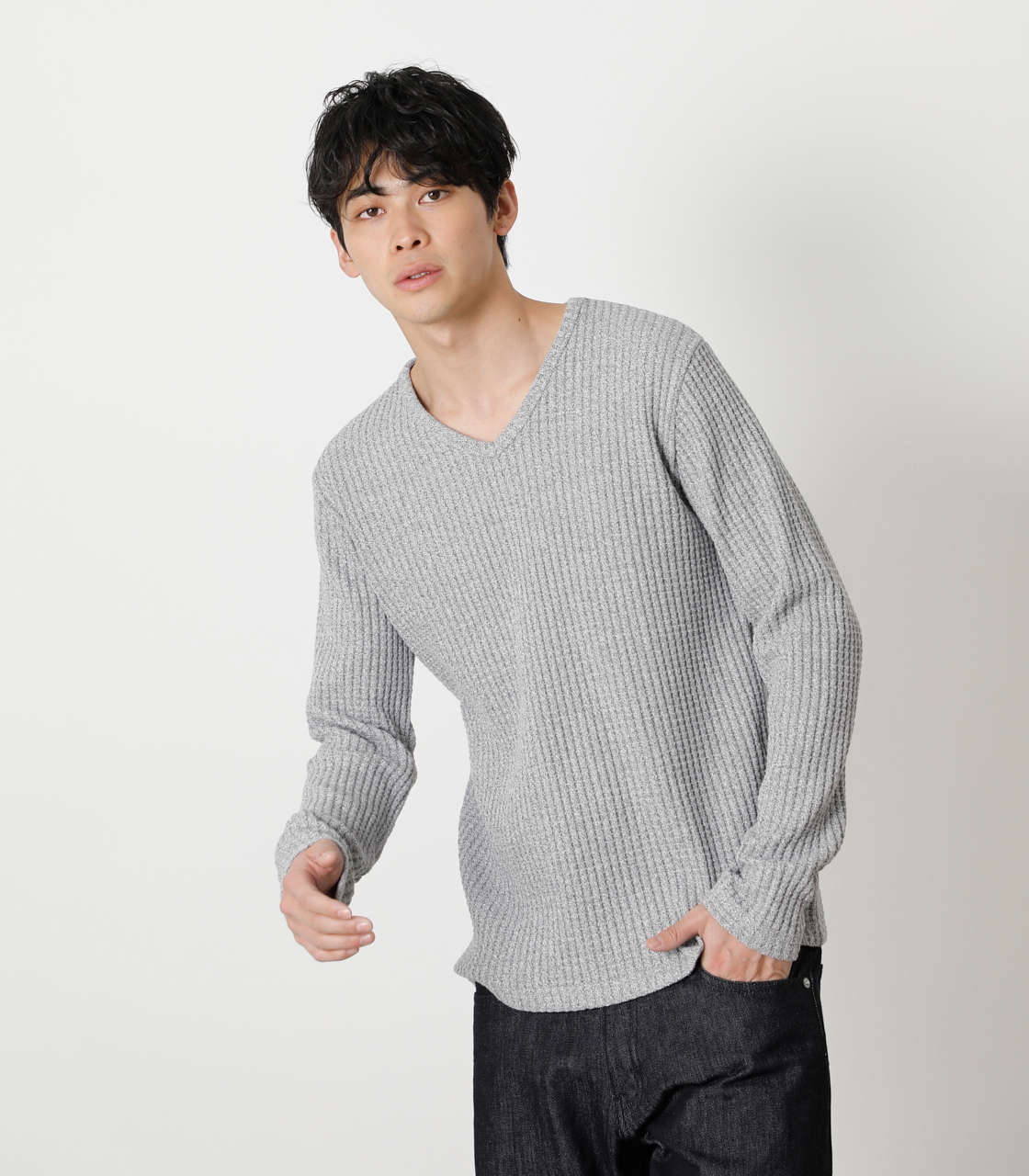 HEAVY WAFFLE V/N LONG TEE/ヘビーワッフルVネックロングTシャツ｜AZUL