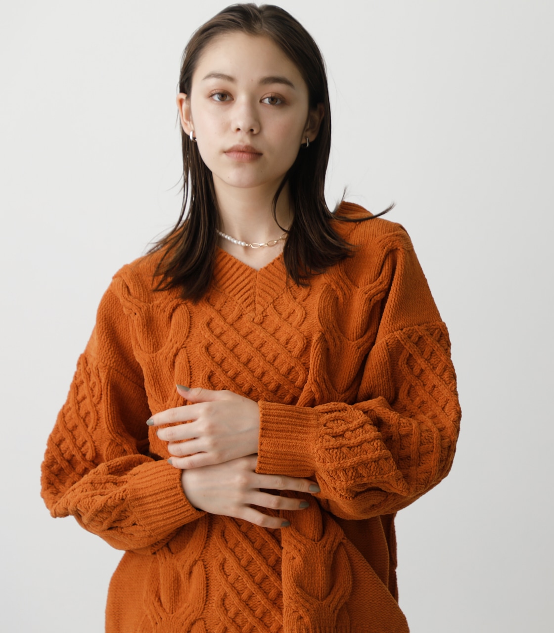 CHENILLE CABLE V/N KNIT TOPS/シェニールケーブルVネックニットトップス 詳細画像 D/ORG 3