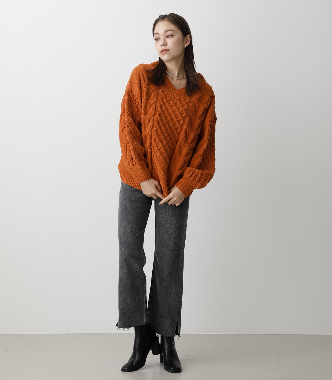 CHENILLE CABLE V/N KNIT TOPS/シェニールケーブルVネックニットトップス 詳細画像 D/ORG 4