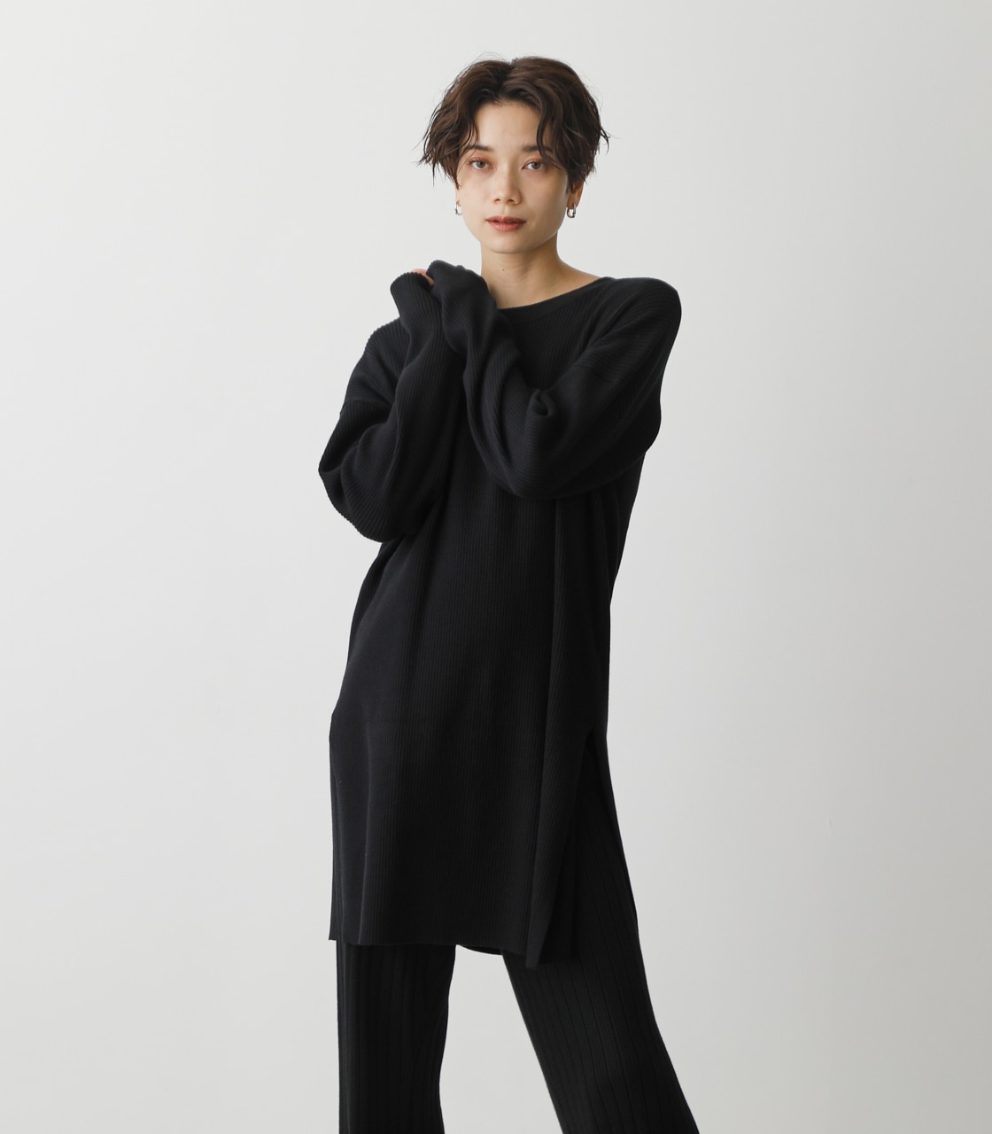 2WAY RIB KNIT LONG TOPS/2WAYリブニットロングトップス 詳細画像 BLK 1