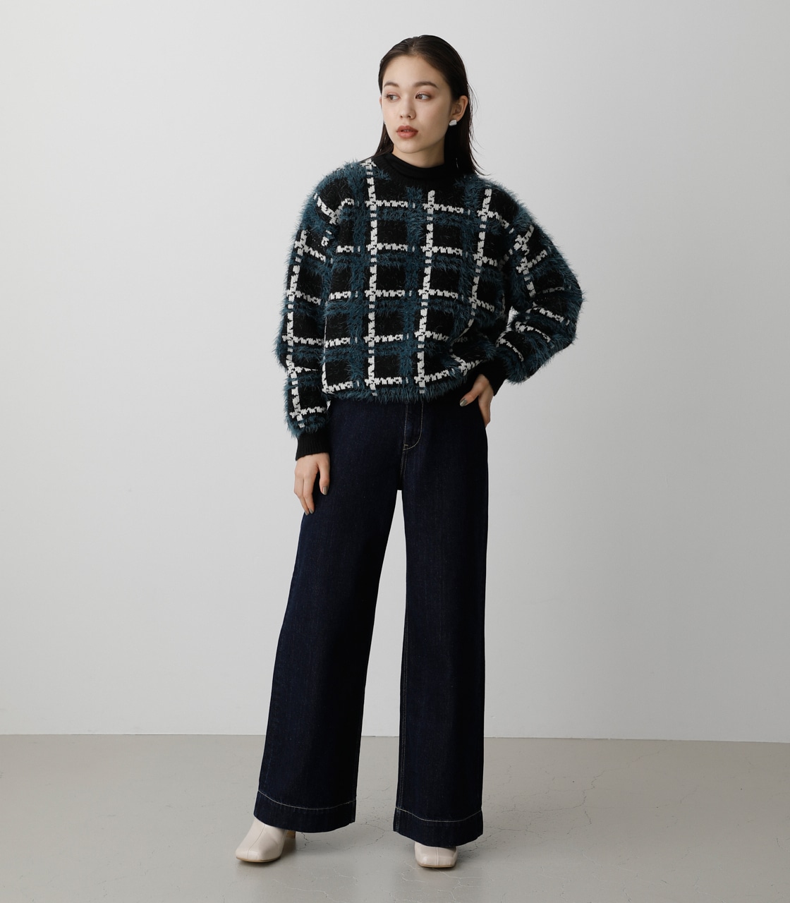 SHAGGY CHECK KNIT TOPS/シャギーチェックニットトップス