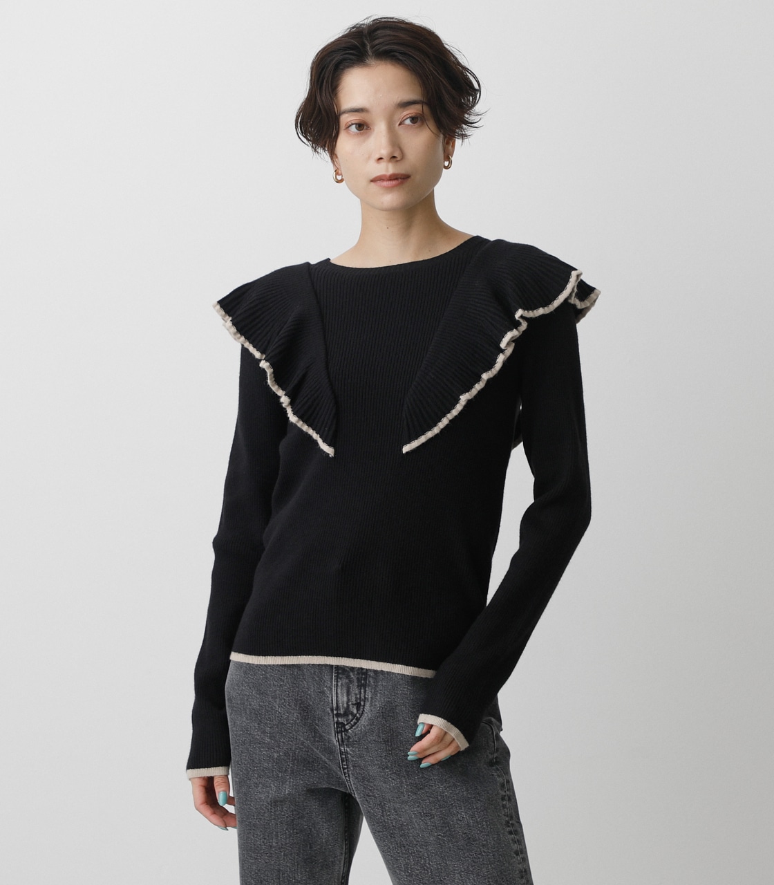 FRONT FRILLED KNIT TOPS/フロントフリルニットトップス 詳細画像 BLK 5
