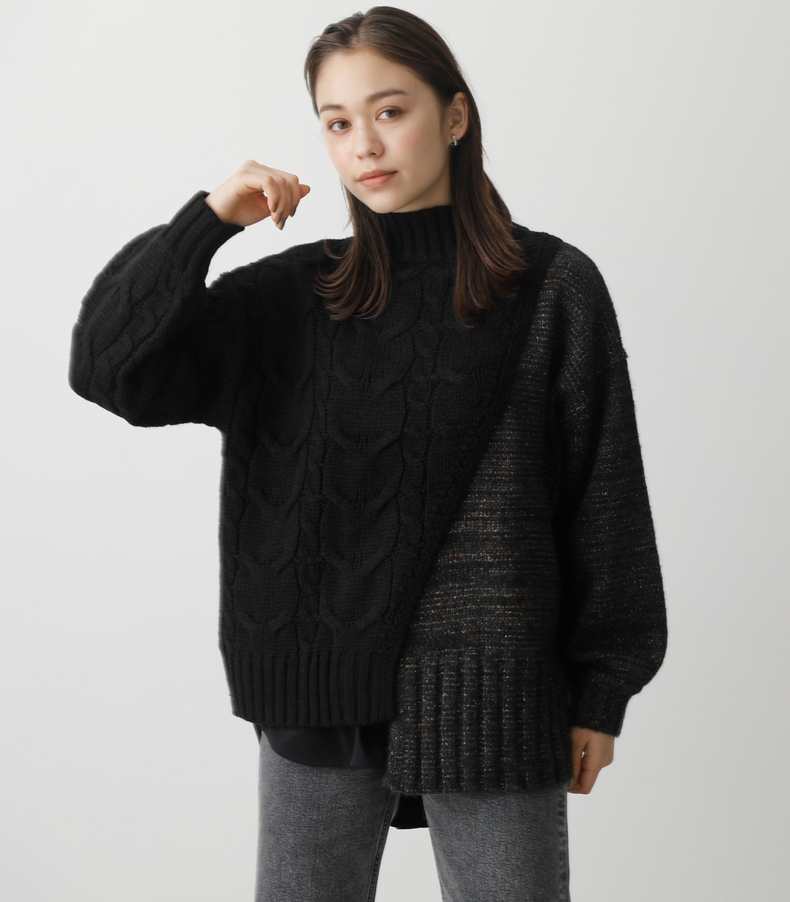 ASYMMETRY CABLE KNIT TOPS/アシンメトリーケーブルニットトップス 詳細画像 BLK 1