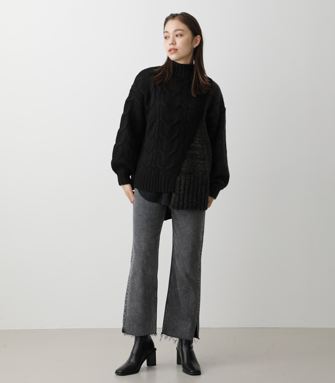 ASYMMETRY CABLE KNIT TOPS/アシンメトリーケーブルニットトップス 詳細画像 BLK 4