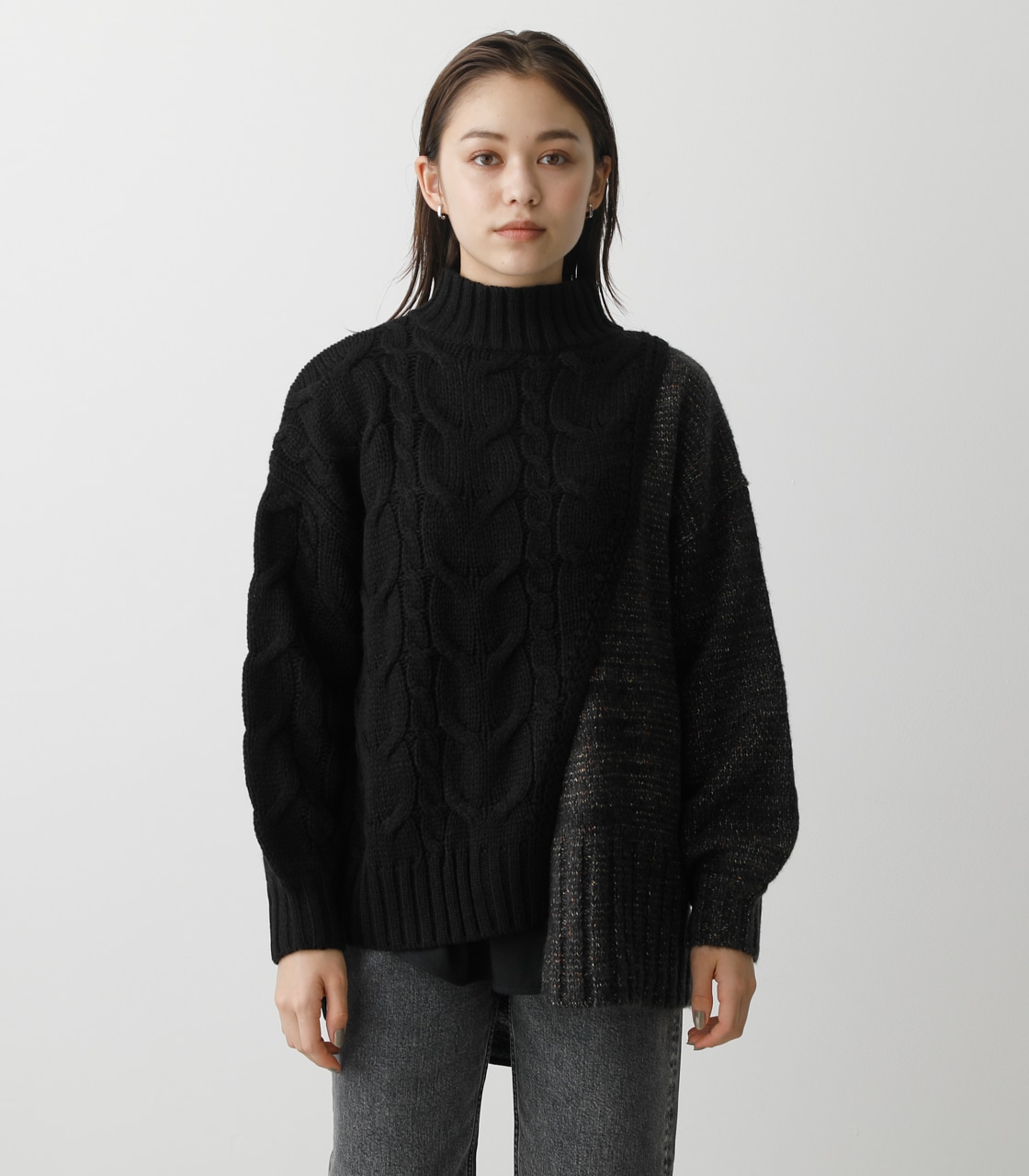 ASYMMETRY CABLE KNIT TOPS/アシンメトリーケーブルニットトップス 詳細画像 BLK 5