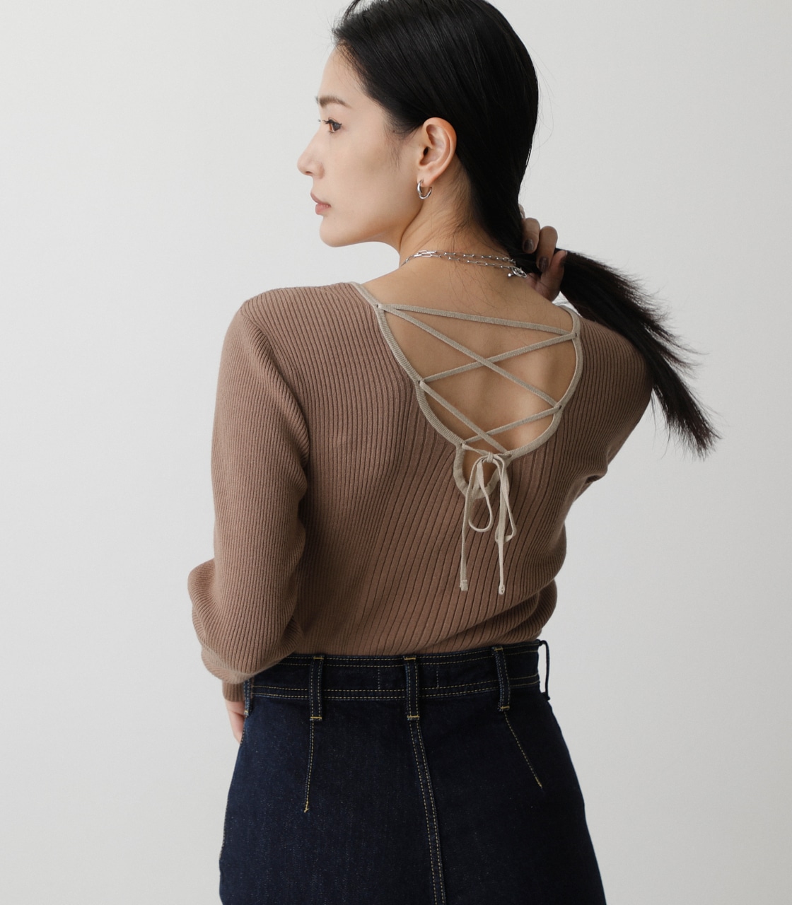 BACK LACE-UP KNIT TOPS/バックレースアップニットトップス 詳細画像 L/BRN 2