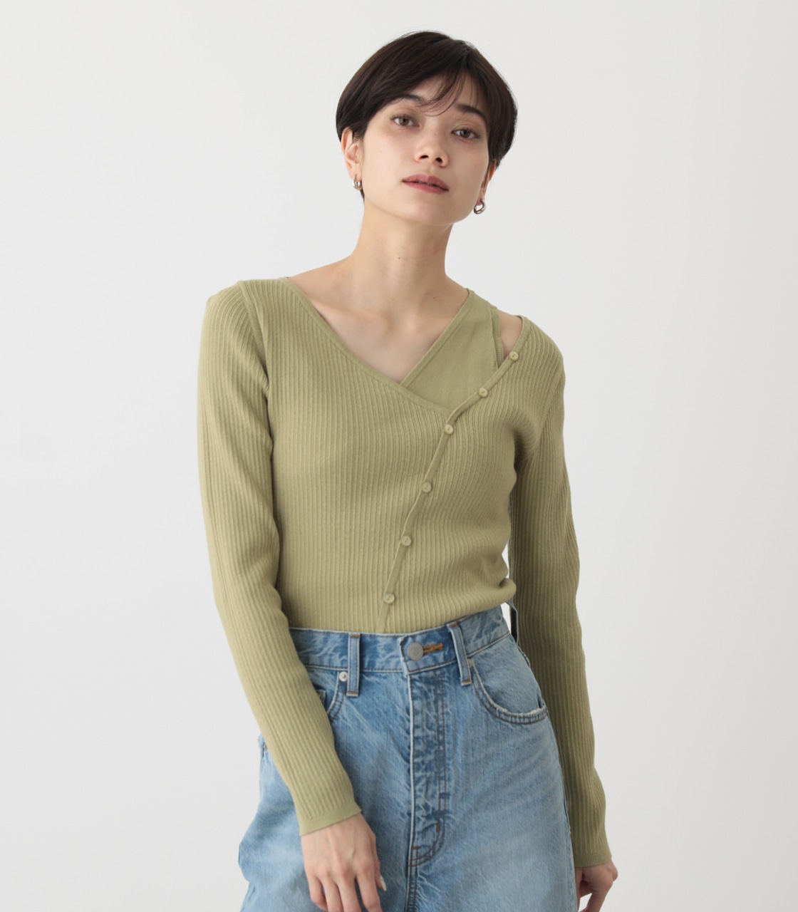 FAKE LAYERED BUTTON KNIT TOPS/フェイクレイヤードボタンニットトップス 詳細画像 LIME 1