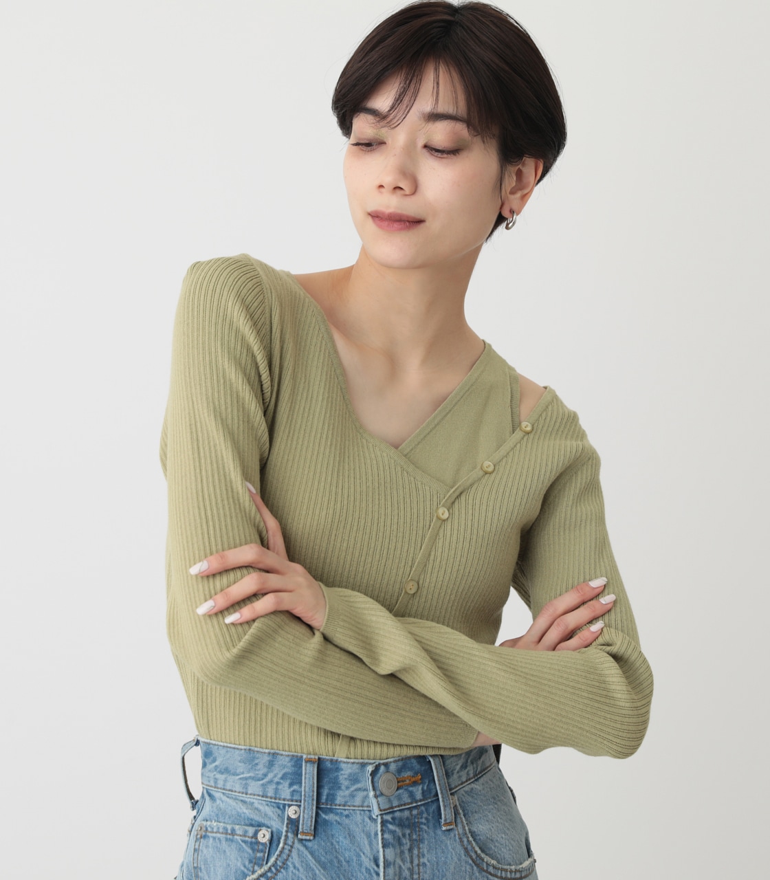 FAKE LAYERED BUTTON KNIT TOPS/フェイクレイヤードボタンニットトップス 詳細画像 LIME 2