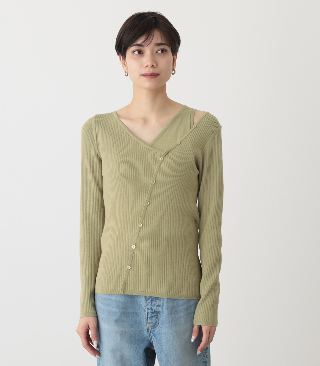 FAKE LAYERED BUTTON KNIT TOPS/フェイクレイヤードボタンニットトップス 詳細画像 LIME 5