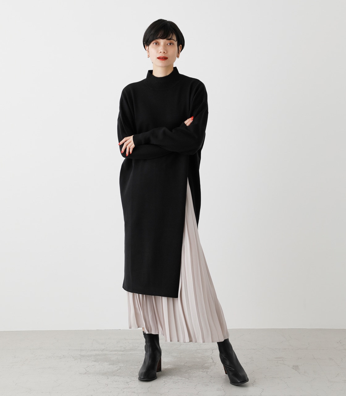 PLEATS LAYER KNIT ONEPIECE/プリーツレイヤーニットワンピース｜AZUL