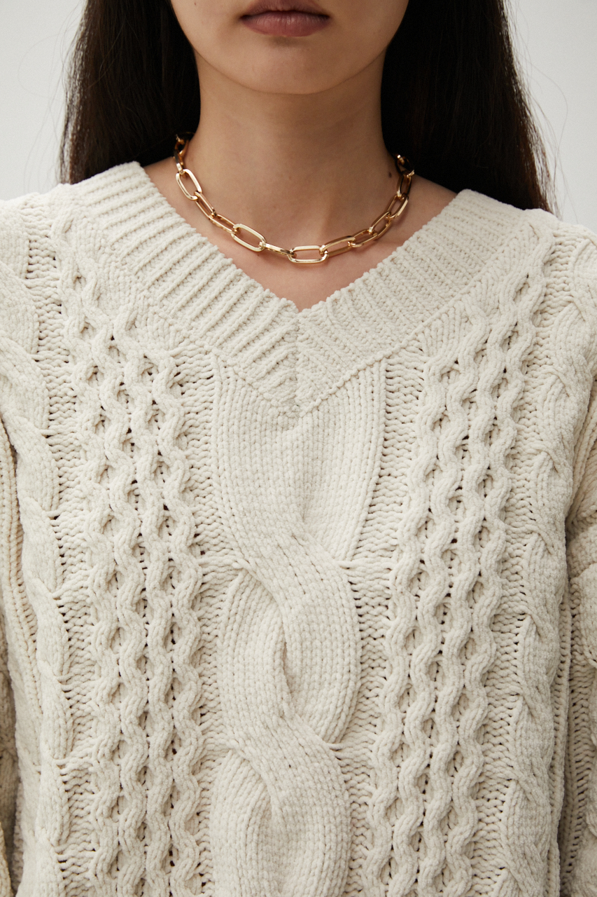 CHENILLE CABLE V/N KNIT TOPS/シェニールケーブルVネックニットトップス