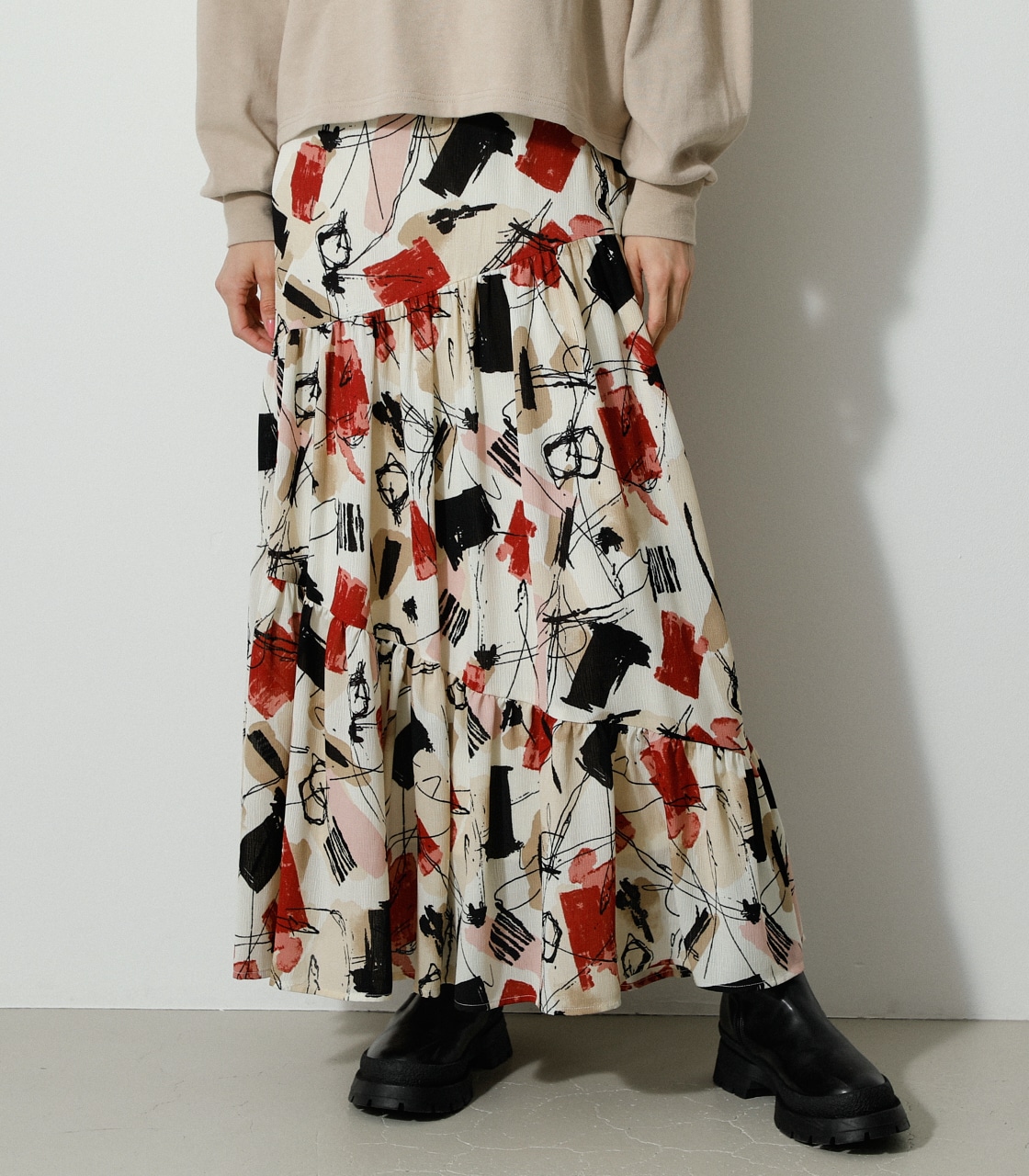 MIX PAINT TIERED SKIRT/ミックスペイントティアードスカート 詳細画像 柄RED 1