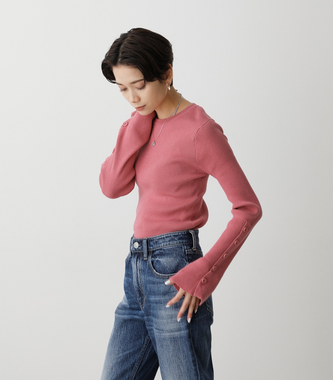 SLEEVE BUTTON RIB KNIT TOPS/スリーブボタンリブニットトップス 詳細画像 PNK 3