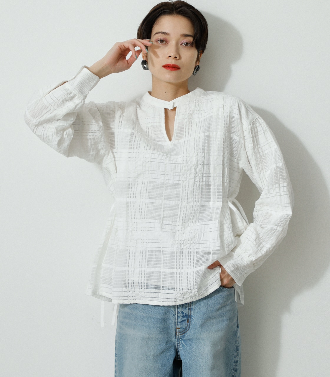SHEER CHECK BLOUSE/シアーチェックブラウス 詳細画像 WHT 1