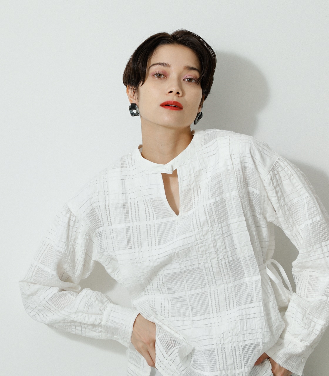 SHEER CHECK BLOUSE/シアーチェックブラウス 詳細画像 WHT 3