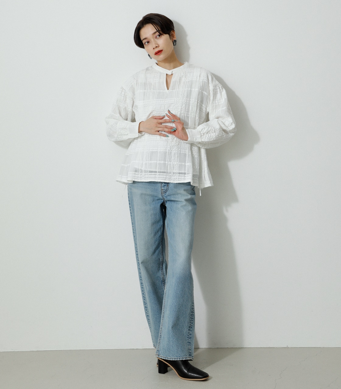 SHEER CHECK BLOUSE/シアーチェックブラウス 詳細画像 WHT 4