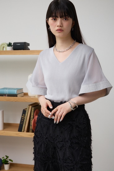 ラッフルスリーブVネックニットトップス 詳細画像