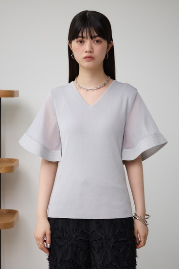ラッフルスリーブVネックニットトップス 詳細画像