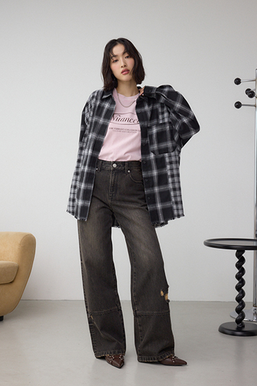 切替デザインチェックシャツ 詳細画像