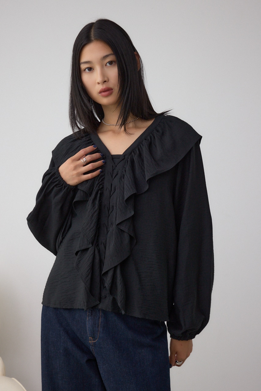 【着丈バリエ】レースアップラッフルブラウス 詳細画像