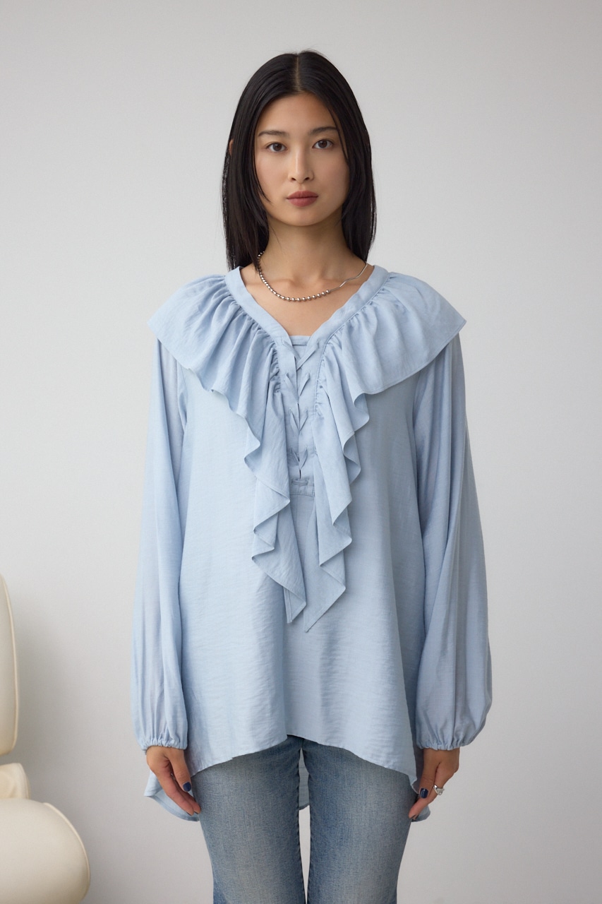 【着丈バリエ】レースアップラッフルブラウス 詳細画像