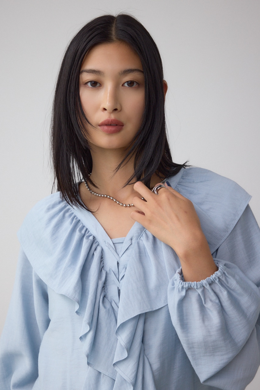 【着丈バリエ】レースアップラッフルブラウス