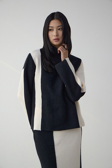 バイカラーハイネックニットトップス 詳細画像