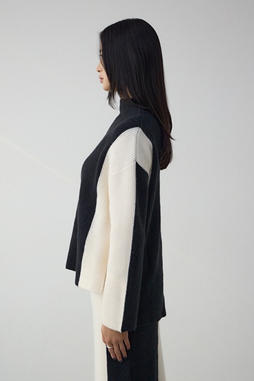 バイカラーハイネックニットトップス 詳細画像