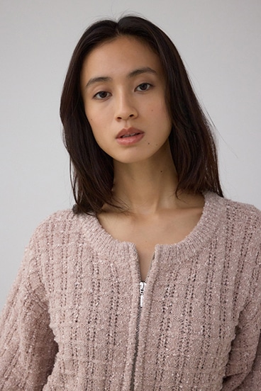 Wジップ5分袖ツイードニット