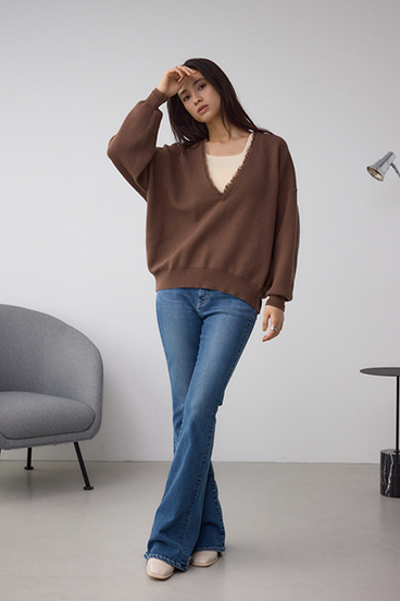 Vネックフリンジスウェッターニット 詳細画像