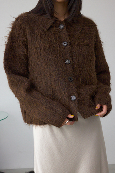 シャギー襟付きニットカーデ