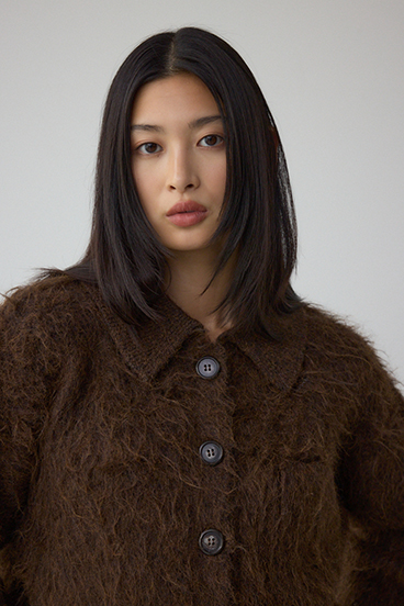 シャギー襟付きニットカーデ