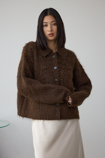 シャギー襟付きニットカーデ 詳細画像