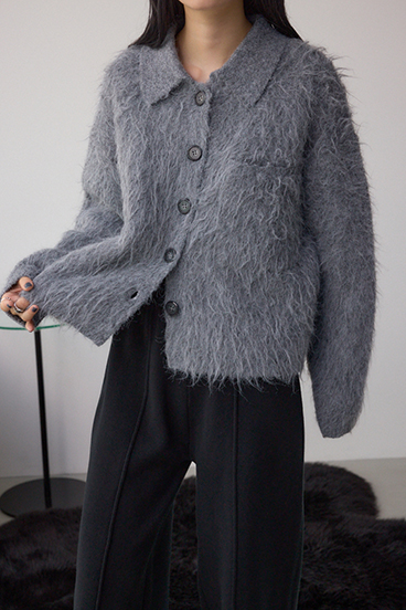 シャギー襟付きニットカーデ