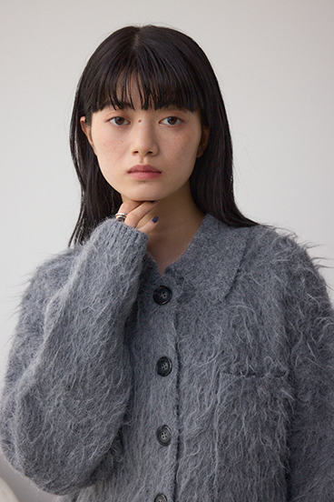 シャギー襟付きニットカーデ