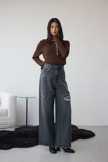 格上げ ヘンリーネックデザインニットトップス 詳細画像