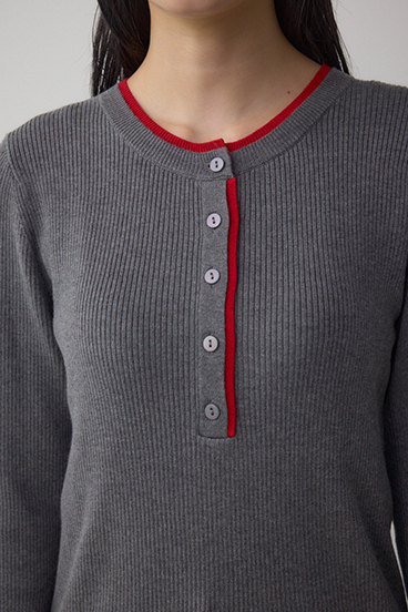 格上げ ヘンリーネックデザインニットトップス 詳細画像