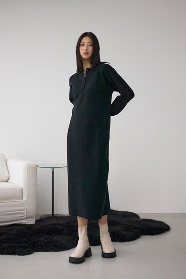 格上げ ポロカラーニットワンピース 詳細画像