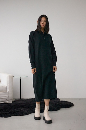 格上げ ポロカラーニットワンピース 詳細画像